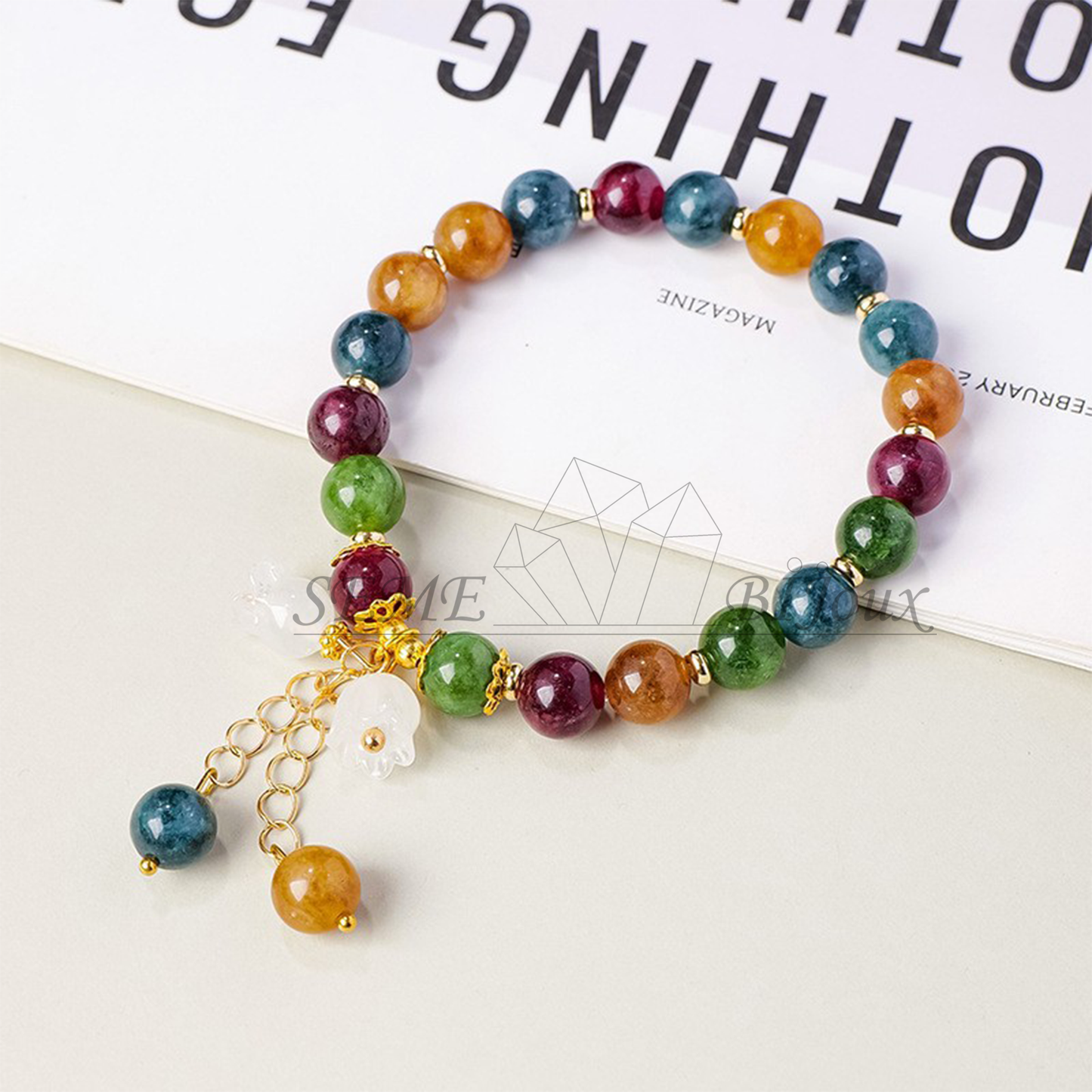 Bracelet en Tourmaline Naturelle Multicolore avec Pendentif Muguet en Cristal – Perles 8MM