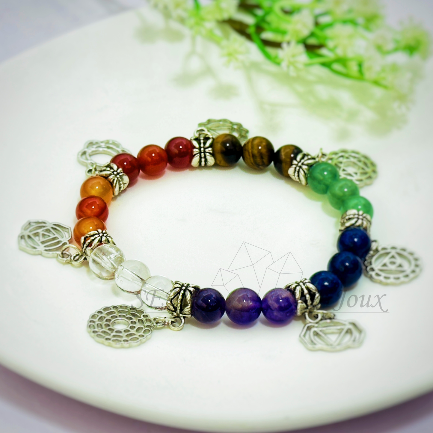 Bracelet en pierres naturelles 7 Chakras | Perles 8mm & Charms en argent