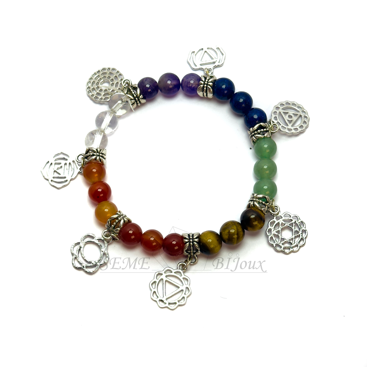 Bracelet en pierres naturelles 7 Chakras | Perles 8mm & Charms en argent