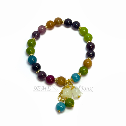 Bracelet en Tourmaline Naturelle Multicolore avec Pendentif Muguet en Cristal – Perles 8MM