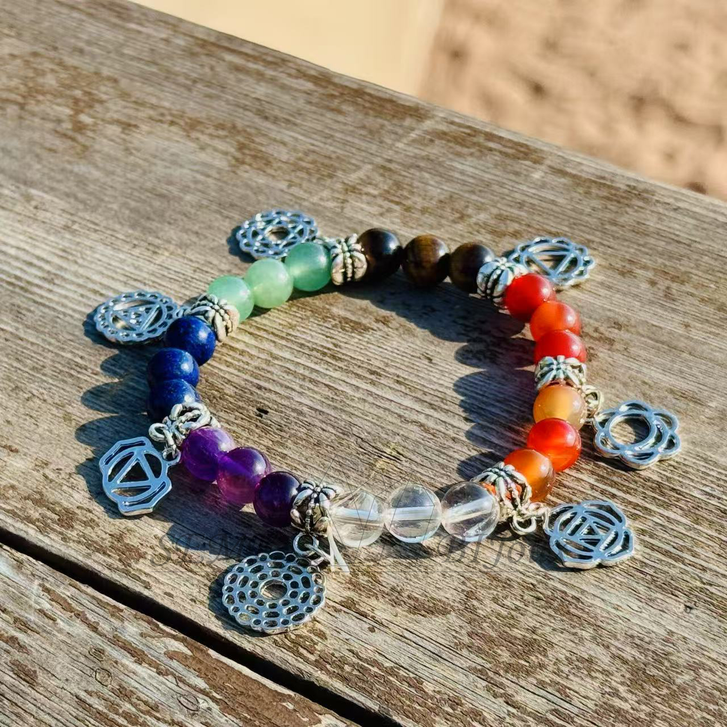 Bracelet en pierres naturelles 7 Chakras | Perles 8mm & Charms en argent