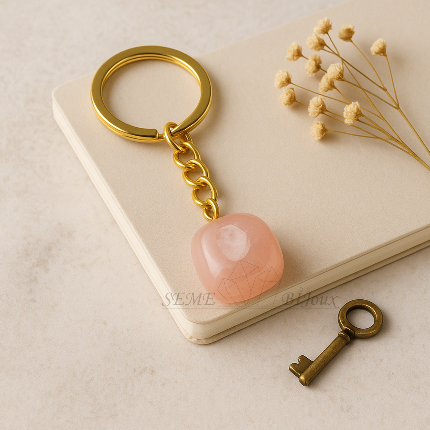 Porte-clés en pierre naturelle | Quartz rose Amour & Douceur émotionnelle